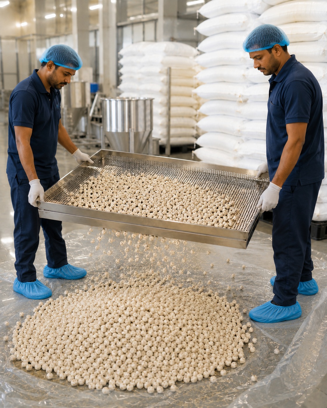 Makhana being sorted and graded by size